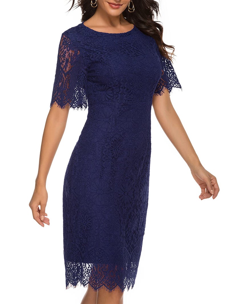 MEROKEETY Women's Short Sleeve Lace Floral Cocktail Dress Crew Neck Knee Length for Party, ShortNavy, Large - Image 2